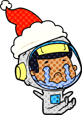 Bir insan tarafından çizilmiş Noel Baba şapkası giyen ağlayan bir astronotun el çizimi çizgi roman çizimi.