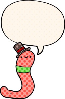 Bir insan tarafından çizilmiş çizgi roman tarzında konuşma baloncuğu olan şirin bir solucan.