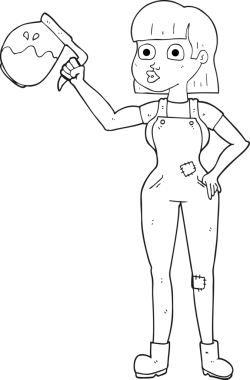 Bir insan tarafından çizilmiş kahve eşliğinde siyah beyaz bir kadın resmi.