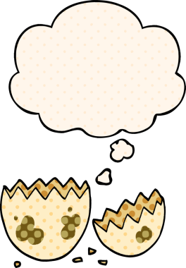 Çizgi roman tarzında bir insan tarafından çizilmiş düşünce baloncuğuyla kırılmış yumurta.