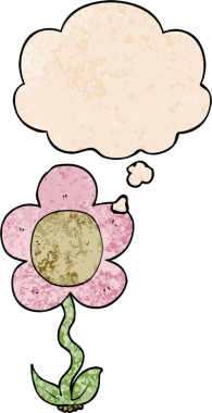 Bir insan tarafından çizilmiş grunge desenli düşünce baloncuğu olan karikatür çiçeği