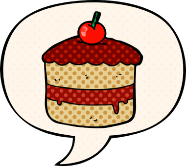 Bir insan tarafından çizilmiş, çizgi roman şeklinde konuşma baloncuklu bir pasta.