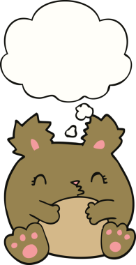 Bir insan tarafından çizilmiş düşünce baloncuklu çizgi film ayısı.