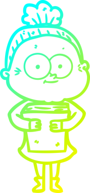 Bir insan tarafından çizilmiş, mutlu, yaşlı bir kadının çizimi.