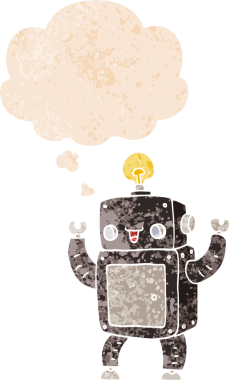 Düşünce baloncuklu çizgi film mutlu robot grunge sıkıntılı retro dokuma bir insan tarafından çizilmiş