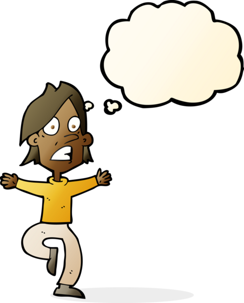 Bir insan tarafından çizilmiş düşünce baloncuğuyla panikleyen bir adam.