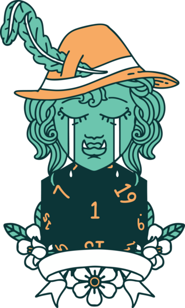 Retro Dövme Tarzı Ağlayan Ork Ozan Karakteri Bir insan tarafından çizilmiş doğal bir D20 rulo