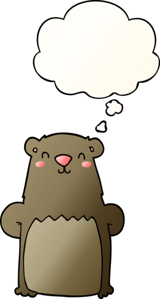 Bir insan tarafından çizilmiş yumuşak eğimli düşünce baloncuklu çizgi film ayısı.