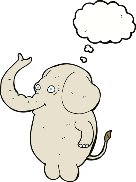 Bir insan tarafından çizilmiş düşünce baloncuklu komik bir fil.