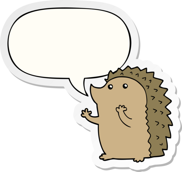 Bir insan tarafından çizilmiş konuşma balonu çıkartmalı kirpi çizgi filmi.