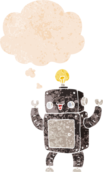 Düşünce baloncuklu çizgi film mutlu robot grunge sıkıntılı retro dokuma bir insan tarafından çizilmiş