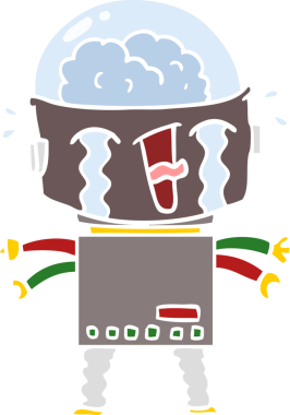 Bir insan tarafından çizilmiş düz renkli karikatür ağlayan robot.