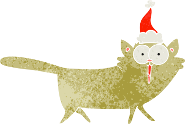 Bir insan tarafından çizilmiş Noel Baba şapkası takan bir kedinin retro karikatürü.