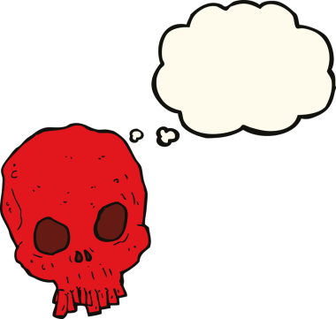 Bir insan tarafından çizilmiş düşünce baloncuklu garip kafatası.