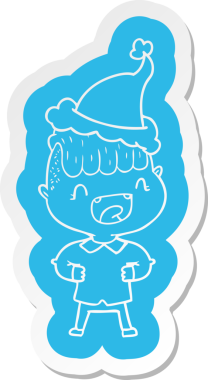 Bir insan tarafından çizilmiş Noel Baba şapkasıyla gülen mutlu bir çocuğun garip çizgi film çıkartması.