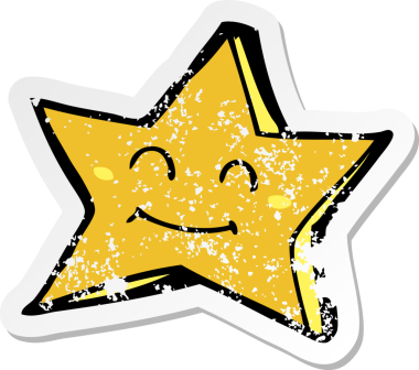 Bir insan tarafından çizilmiş mutlu bir yıldız karakterinin gerilimli retro yapıştırması.