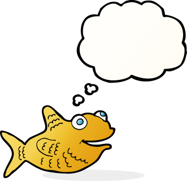 Bir insan tarafından çizilmiş düşünce balonlu mutlu balık çizgi filmi.