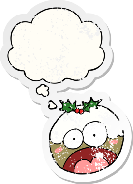 Karikatür, yıpranmış bir insan tarafından çizilmiş yıpranmış bir çıkartma gibi düşünce baloncuğu ile pudingi şok etti.