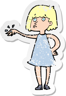 Bir insan tarafından çizilmiş nişan yüzüğünü gösteren karikatürlü bir kadının gerilimli retro çıkartması.