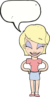 Bir insan tarafından çizilmiş konuşma balonlu elleri olan çizgi film kadını.