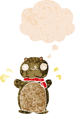 Mutlu çizgi film ayıcığı. Düşünce baloncuğu, grunge 'da. Sıkıntılı eski moda bir insan çizimi.