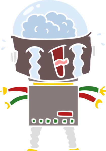 Bir insan tarafından çizilmiş düz renkli karikatür ağlayan robot.