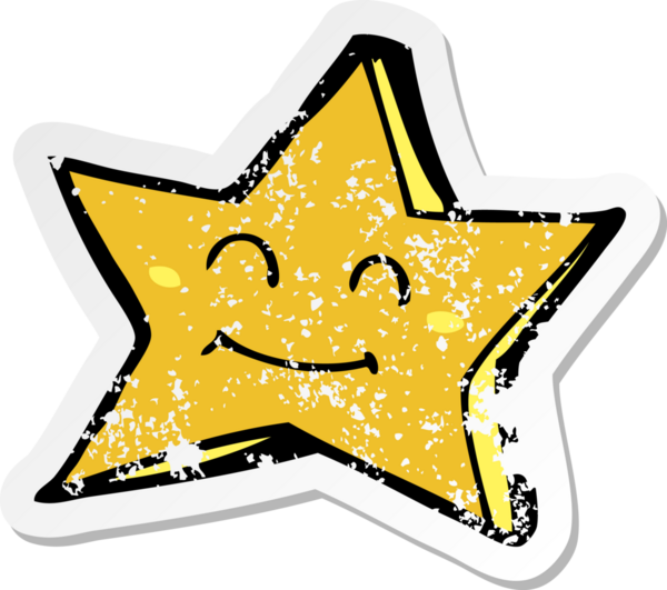 Bir insan tarafından çizilmiş mutlu bir yıldız karakterinin gerilimli retro yapıştırması.