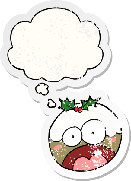 Karikatür, yıpranmış bir insan tarafından çizilmiş yıpranmış bir çıkartma gibi düşünce baloncuğu ile pudingi şok etti.