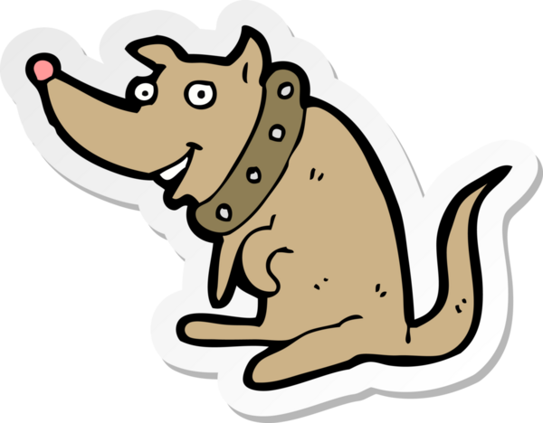 Bir insan tarafından çizilmiş büyük yakalı mutlu bir köpeğin çıkartması.