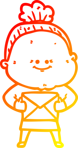 Bir insan tarafından çizilmiş mutlu, yaşlı bir kadının sıcak çizgi çizimi.