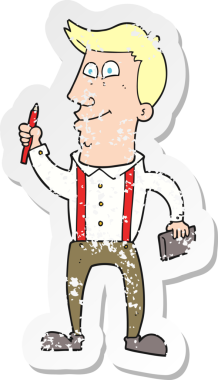 Bir insan tarafından çizilmiş defter ve kalemi olan karikatürcü adamın gerilimli retro yapıştırması.