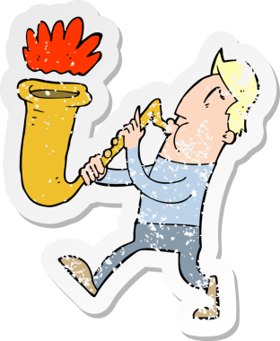 Bir insan tarafından çizilmiş saksafon çalan bir çizgi film karakterinin gerilimli retro yapıştırması.