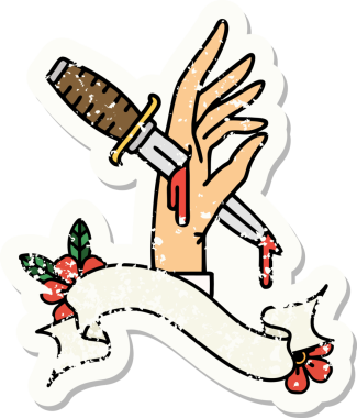 Bir insan tarafından çizilmiş bir hançerin bayrağını taşıyan eski bir etiket.