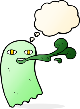 Bir insan tarafından çizilmiş düşünce baloncuklu komik çizgi film hayaleti.