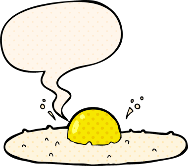 Bir insan tarafından çizilmiş çizgi roman tarzında konuşma baloncuklu kızarmış yumurta.