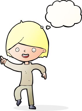 Bir insan tarafından çizilen düşünce baloncuğuyla işaret eden çizgi film adamı.