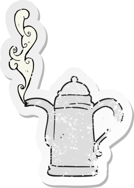 Bir insanın çizdiği buharda pişmiş kahve ısıtıcısının retro sıkıntılı yapıştırması.