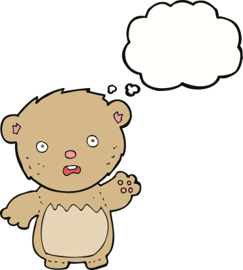 Bir insan tarafından çizilmiş düşünce balonlu endişeli oyuncak ayı.