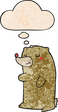 Bir insan tarafından çizilmiş grunge desenli düşünce baloncuğu olan sevimli çizgi film ayısı.