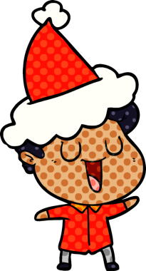 Gülen el çizimi çizgi roman tarzı Noel Baba şapkası giyen bir adamın bir insan tarafından çizilmiş resmi.
