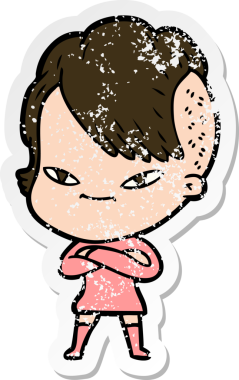 Hipster saç kesimi bir insan tarafından çizilmiş tatlı bir çizgi film kızına ait sıkıntılı bir etiket.