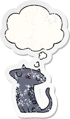 Düşünce baloncuğu olan çizgi film kedisi insan tarafından çizilmiş yıpranmış bir çıkartma.