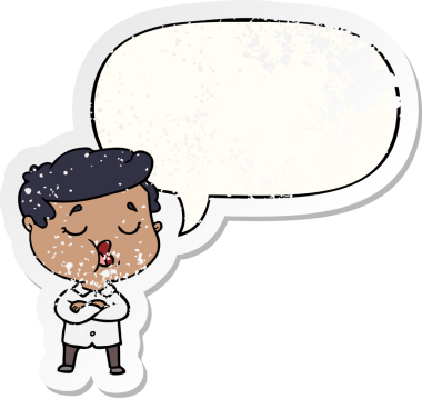 Çizgi filmci, konuşma baloncuğuyla konuşuyor. Bir insan tarafından çizilmiş sıkıntılı eski bir çıkartma.