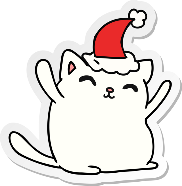 Bir insan tarafından çizilmiş kawaii kedisinin el çizimi Noel çıkartması.