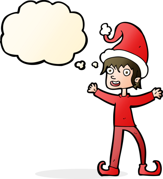 Bir insan tarafından çizilmiş düşünce baloncuğuyla Noel elfini heyecanlandıran çizgi film