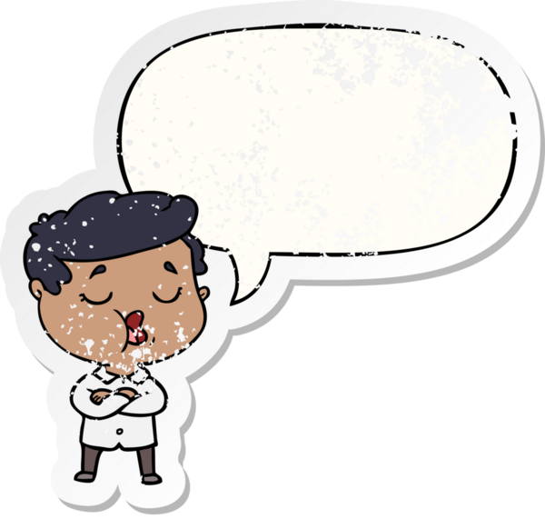 Çizgi filmci, konuşma baloncuğuyla konuşuyor. Bir insan tarafından çizilmiş sıkıntılı eski bir çıkartma.