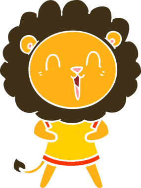 Gülen aslan düz renkli çizgi film bir insan tarafından çizildi.