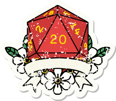 Bir insan tarafından çekilen 20 kritik vuruşluk D20 zar atımının grunge çıkartması.