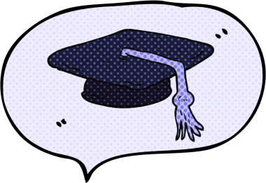 Bir insan tarafından çizilmiş serbest çizilmiş çizgi roman konuşma balonu mezuniyet şapkası.