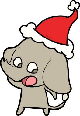 Bir insan tarafından çizilmiş Noel Baba şapkası takan bir fil çizilmiş.